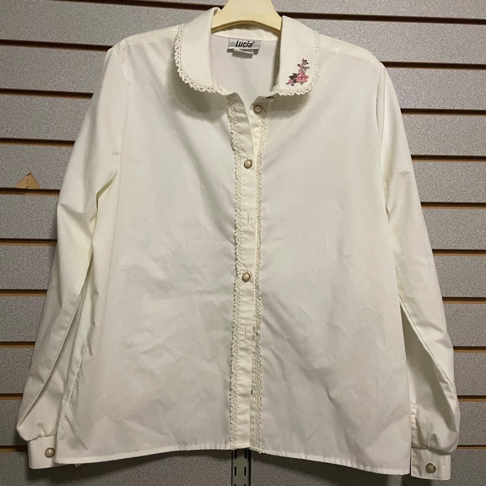 Lucia Womens White Long Sleeve Button Up‎ Shirt Floral Embroidery
Sz 10 Large